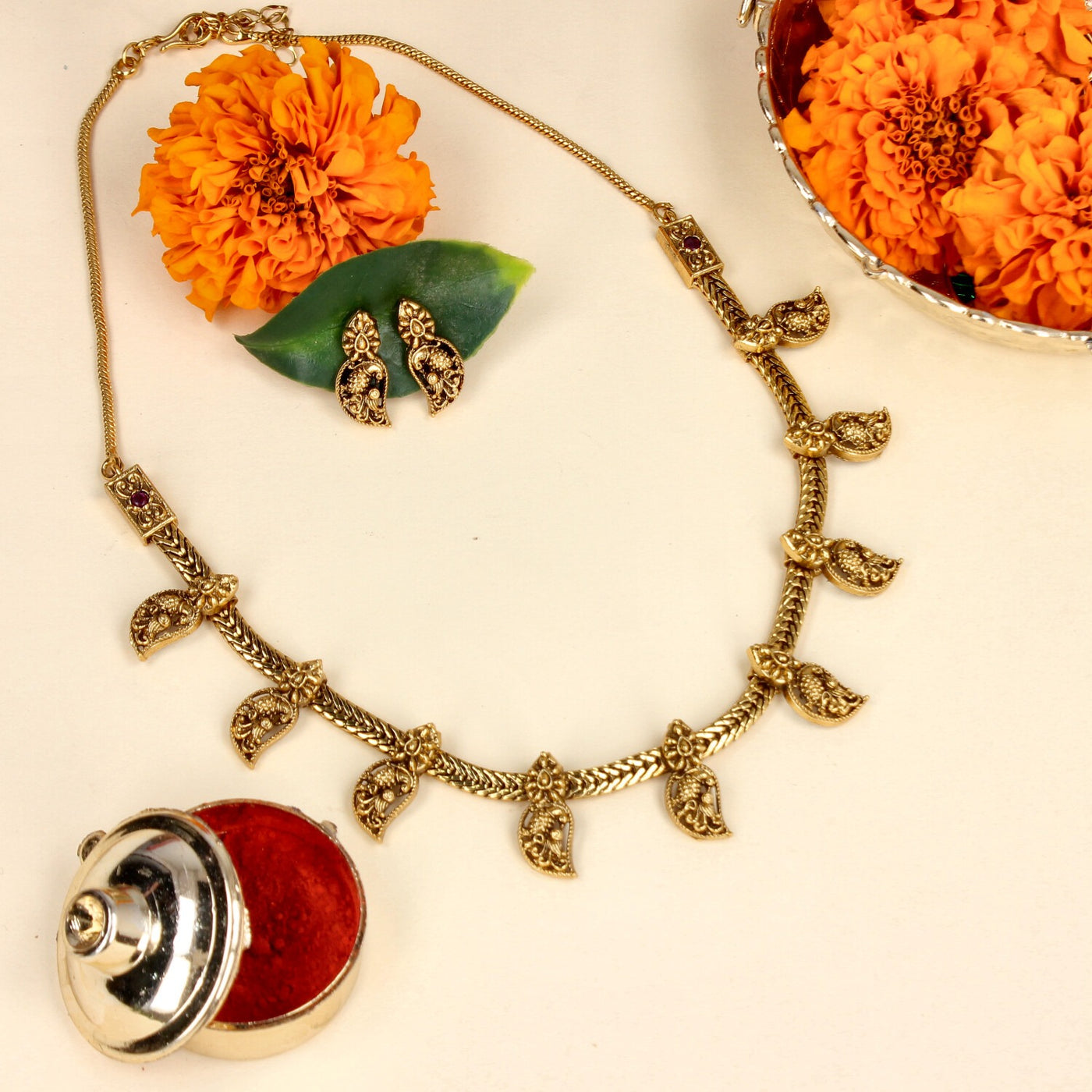 Antique Leaf Drop Necklace Set - SIA447602