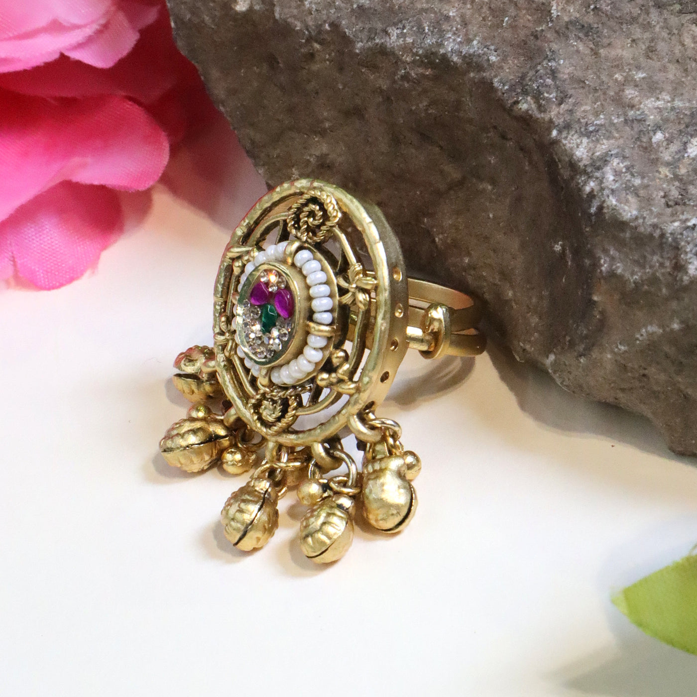 Gold-Toned Oval Kundan Meenakari Jhumki Ring - SIA447736