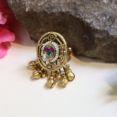 Gold-Toned Oval Kundan Meenakari Jhumki Ring - SIA447736