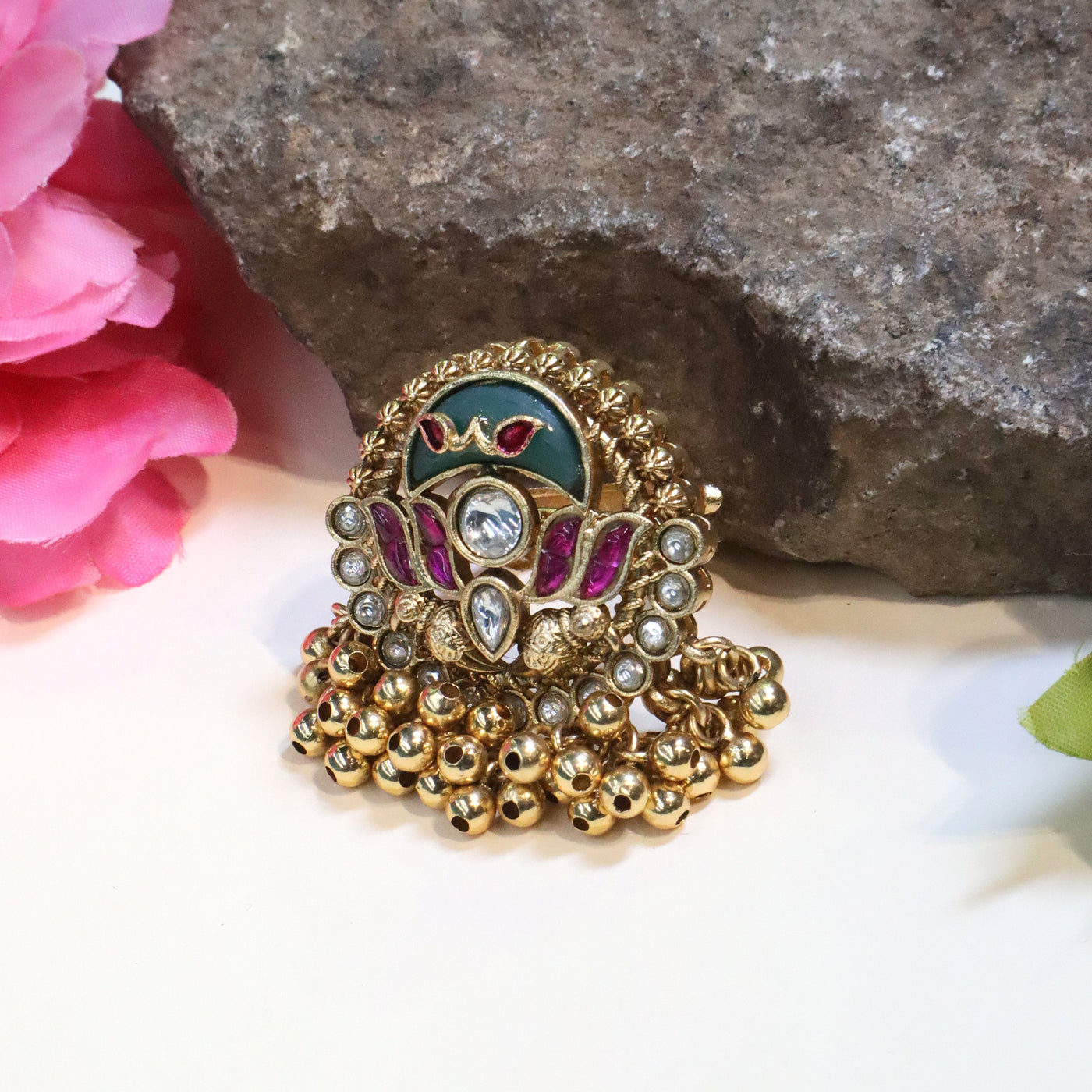 Gold-Toned Oval Kundan Ring with a Green Center Stone and Jhumki Drop - SIA447739