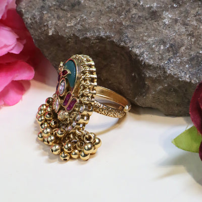 Gold-Toned Oval Kundan Ring with a Green Center Stone and Jhumki Drop - SIA447739