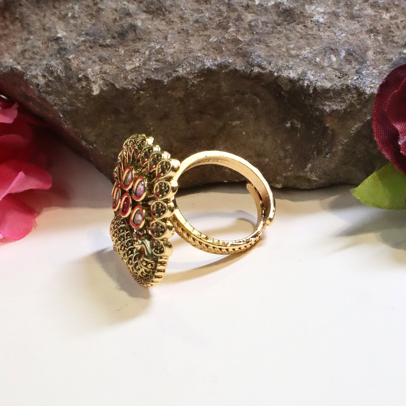 Antique Gold Peacock-Shaped Ring with White & Pink Stones - SIA447741