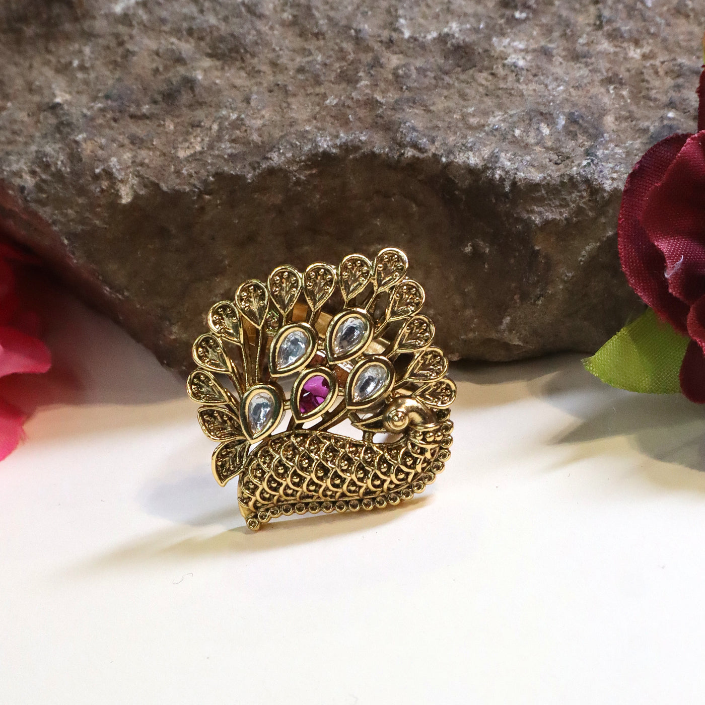 Antique Gold Peacock-Shaped Ring with White & Pink Stones - SIA447741