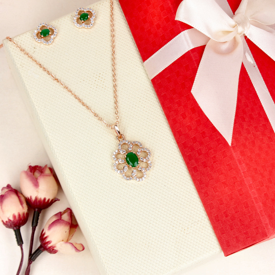 Women Rose Gold-Plated CZ Green Stone Pendants Set - SIA450834_A