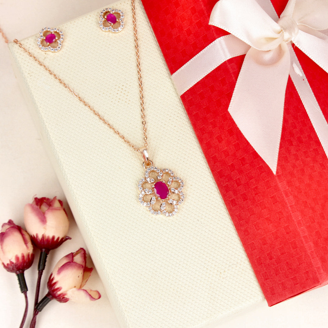 Women Rose Gold-Plated CZ Rani Pink Stone Pendants Set - SIA450834_B