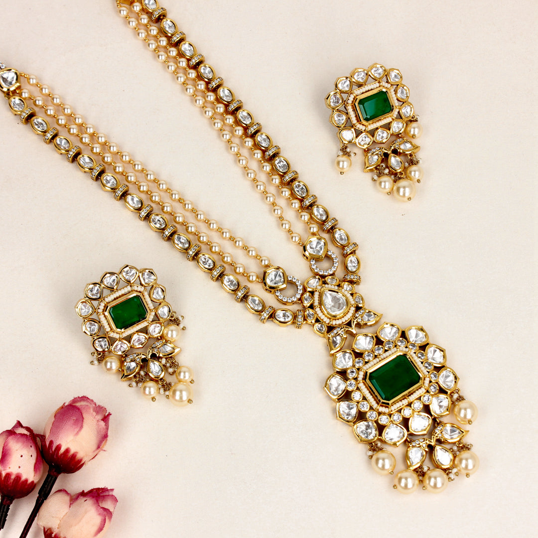 Green Polki Beaded Necklaces Set-SIA447787