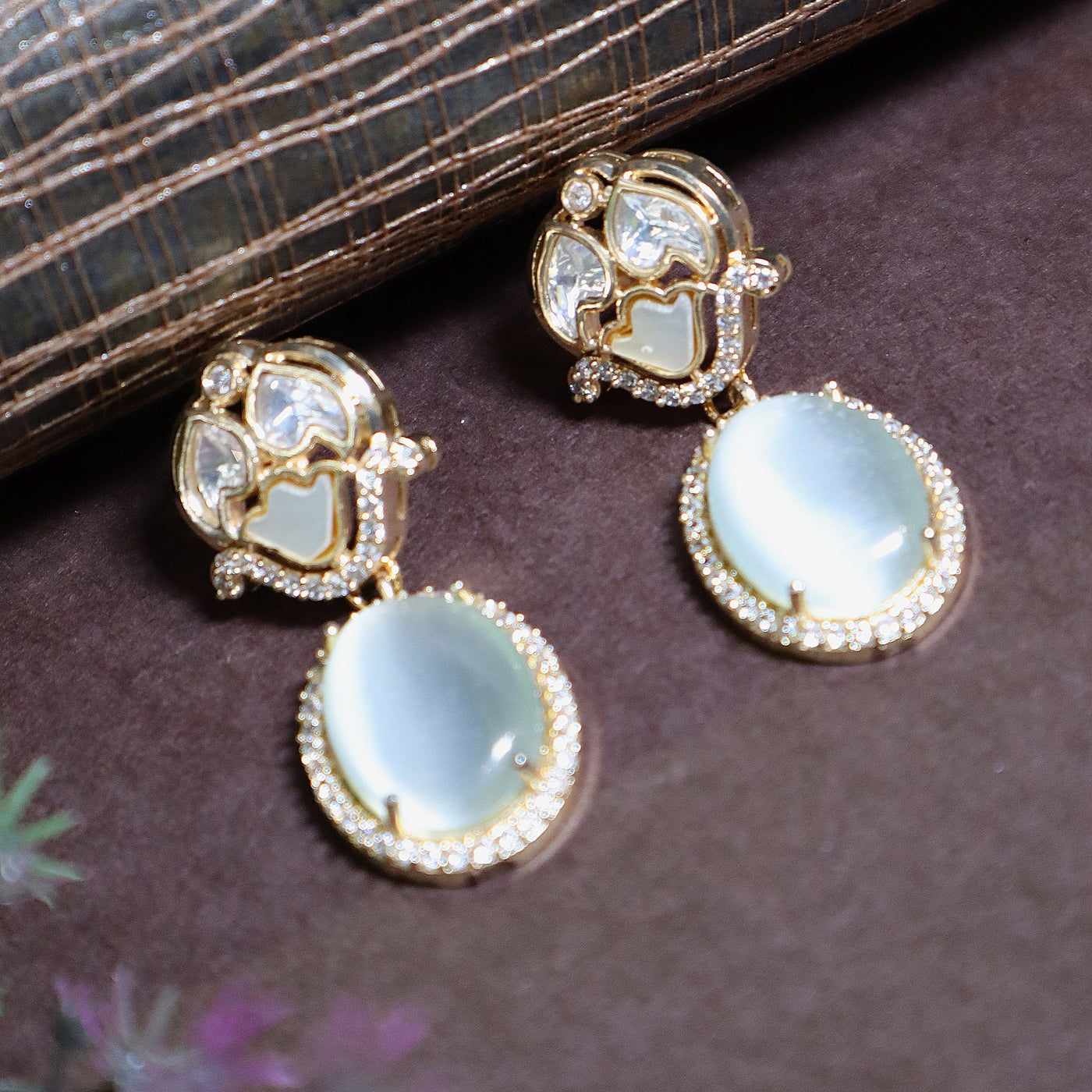 Elegant Gold-Toned Oval Pearl Drop Earrings with CZ - SIA448034