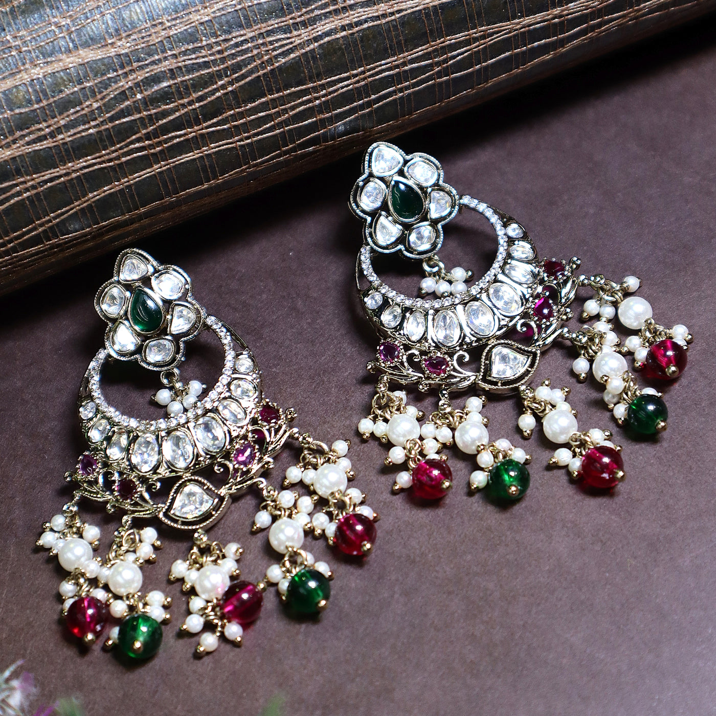 Kundan Earrings with Red and Green Beads - SIA448072
