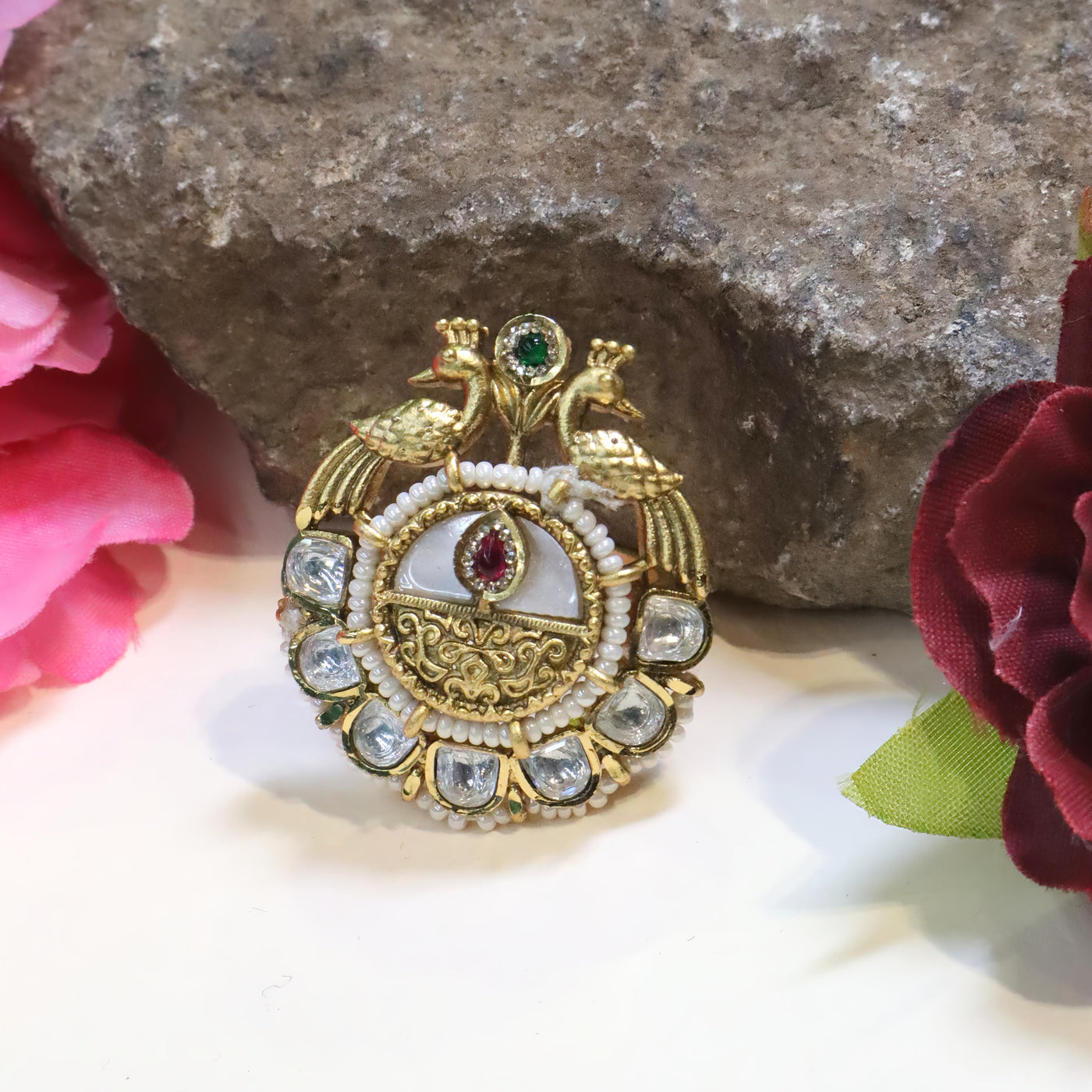 Gold Peacock Round Kundan Finger Ring - SIA448733
