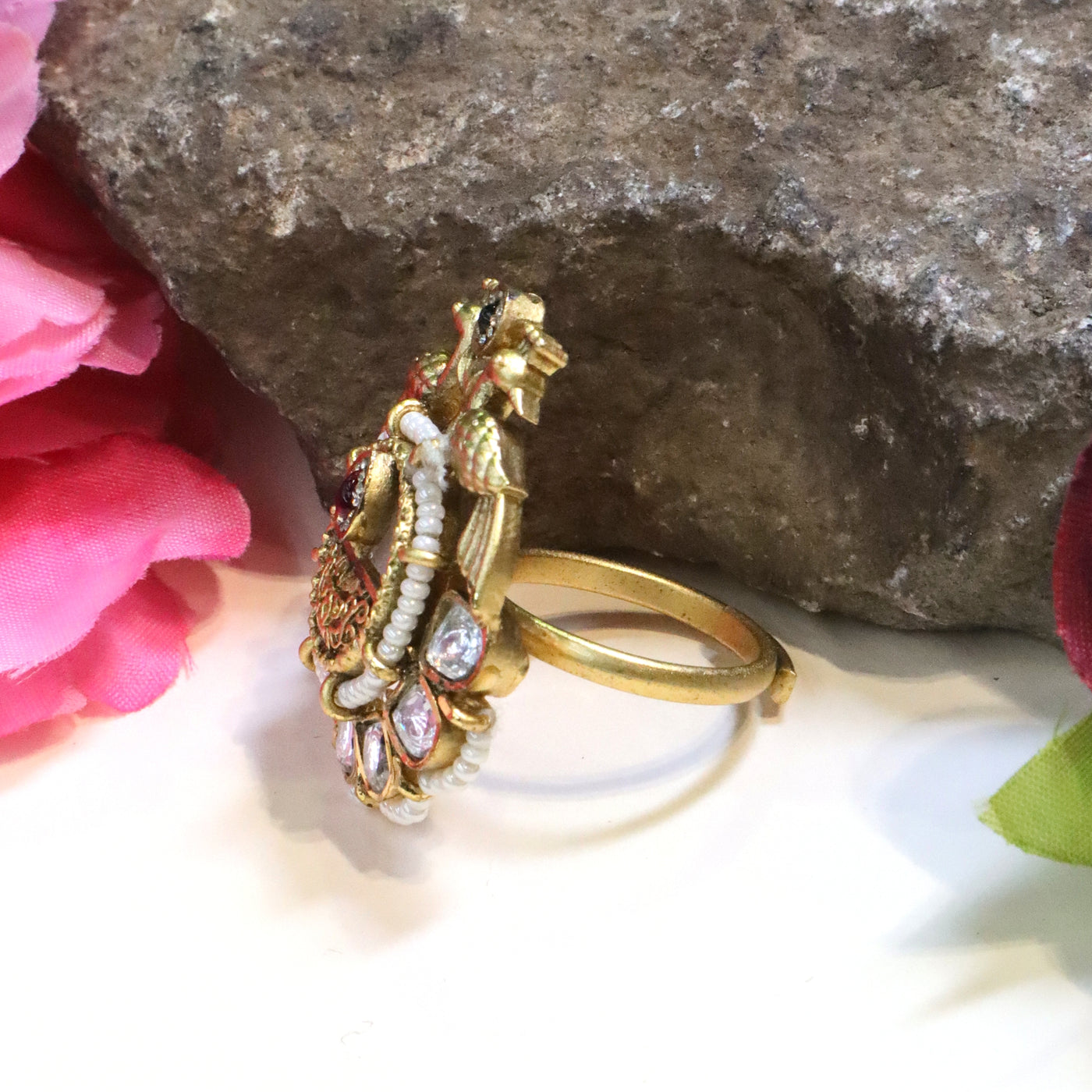 Gold Peacock Round Kundan Finger Ring - SIA448733