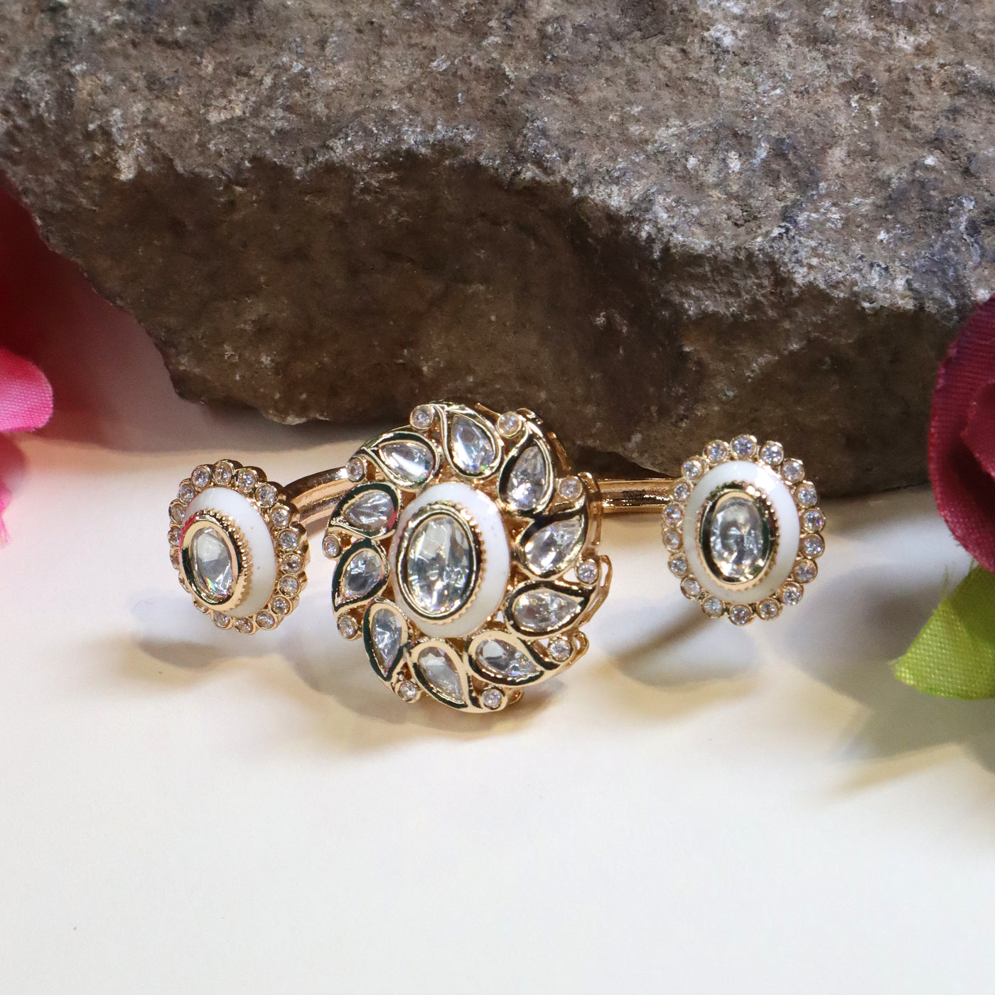Gold-Toned Double Finger Kundan and Meenakari Ring - SIA448738
