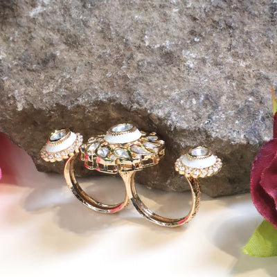 Gold-Toned Double Finger Kundan and Meenakari Ring - SIA448738