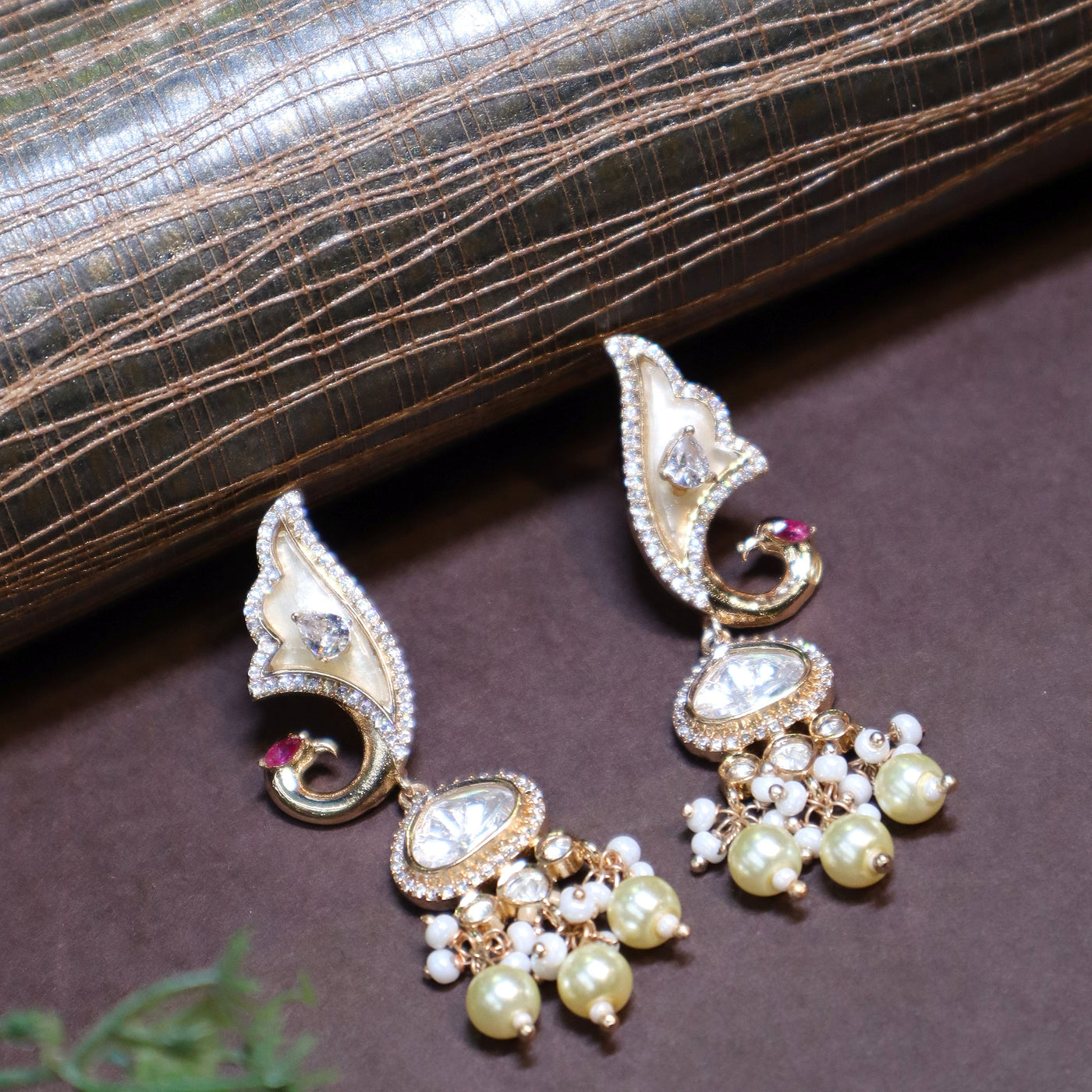 Gold Peacock Danglers with Pearl Drops - SIA448749