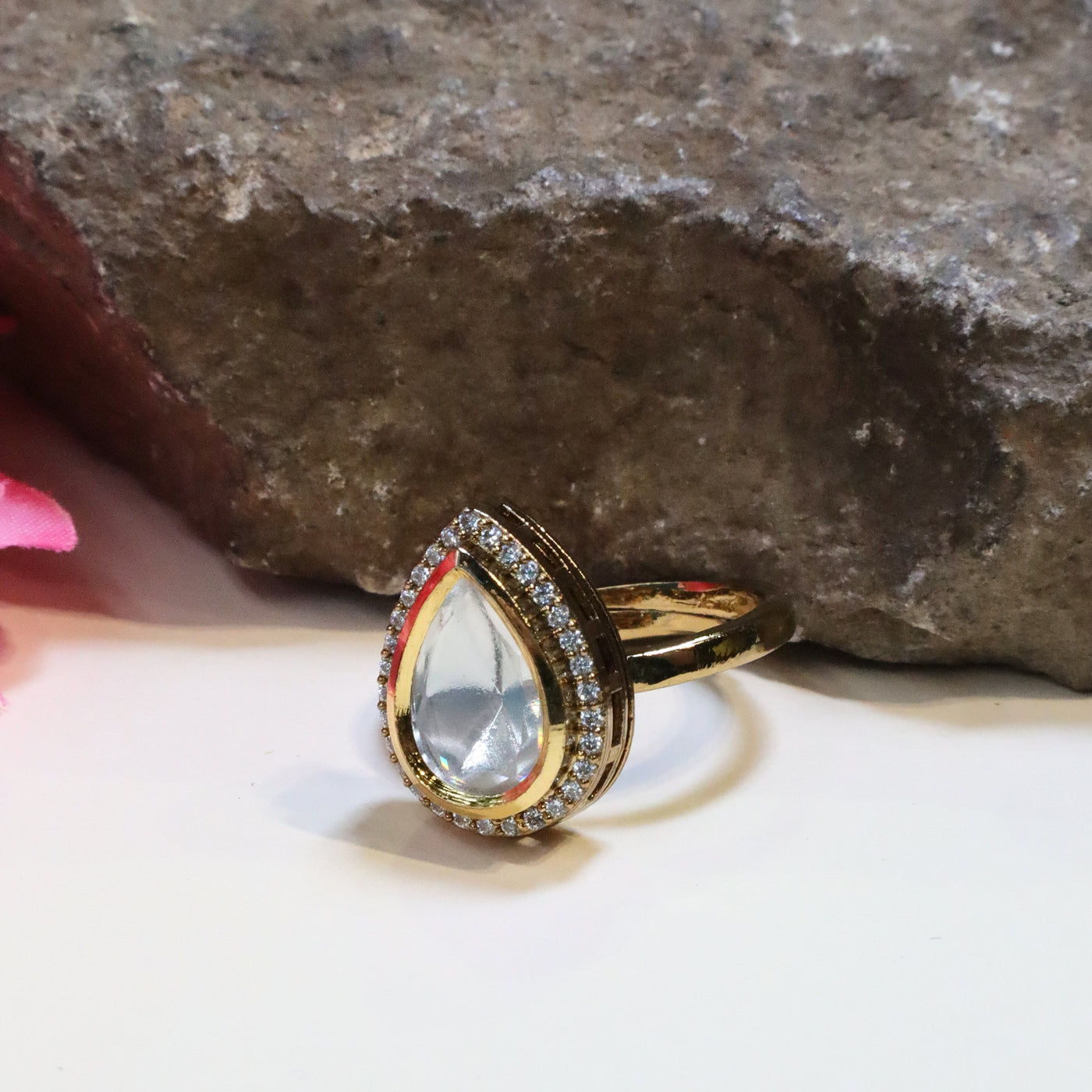 Gold-Toned Tear-Drop Polki Adjustable Finger Ring - SIA448992
