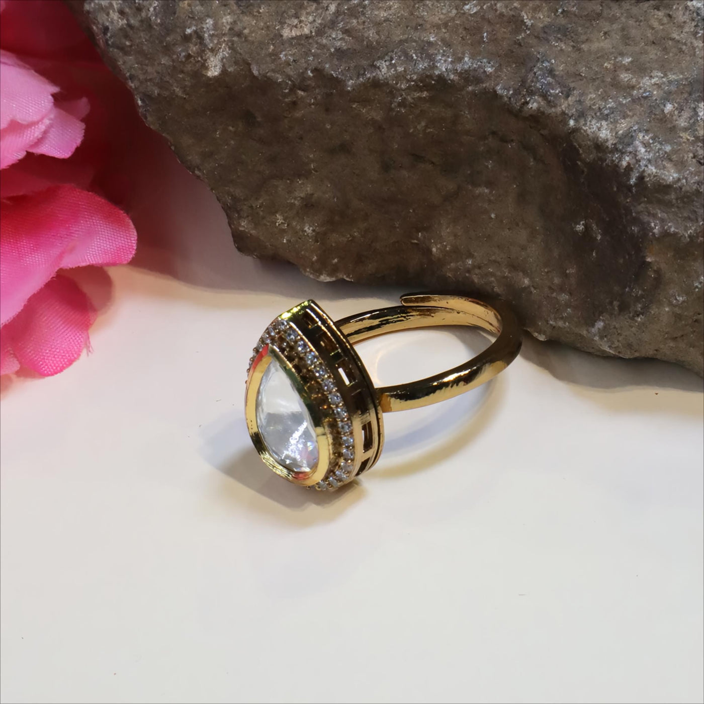 Gold-Toned Tear-Drop Polki Adjustable Finger Ring - SIA448992