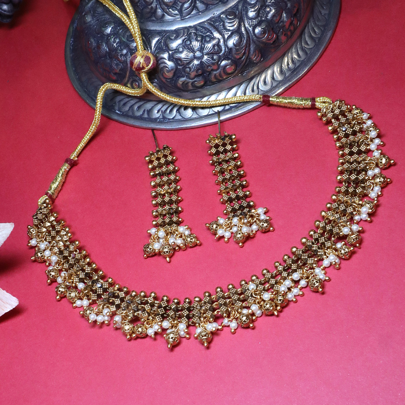 Antique Gold Pearl Beaded Necklace Set - SIA449417