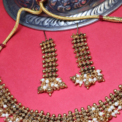 Antique Gold Pearl Beaded Necklace Set - SIA449417