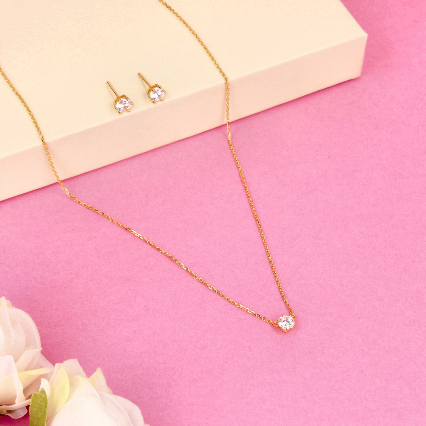 92.5 Sterling Silver - Delicate Gold Solitaire Diamond Pendant & Stud Set - SIA449531