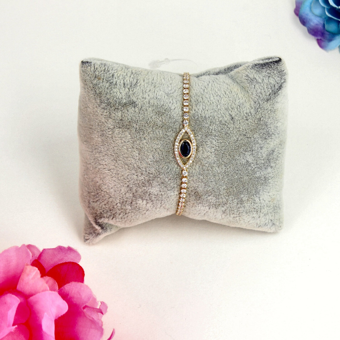 Gold Evil Eye Bracelet with Dark Blue Center and Crystal Halo - SIA449659