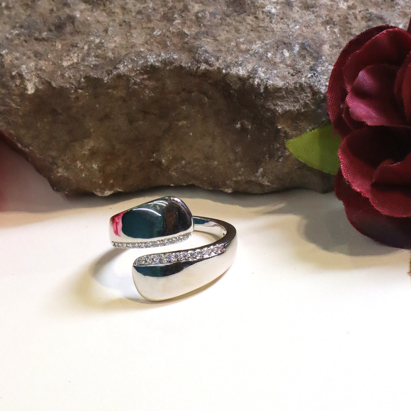 Sleek Silver-Tone Open Wrap Ring with Diamond Accent - SIA449741