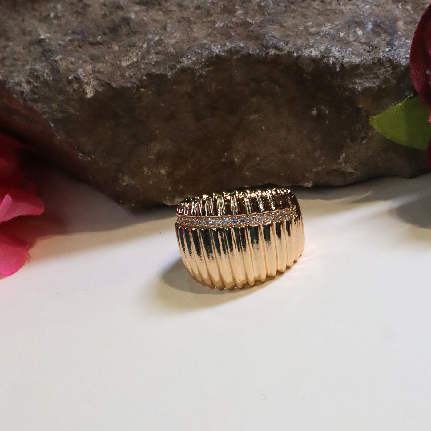 Rose Gold Plated Domed Ring with Grooved Texture - SIA449753
