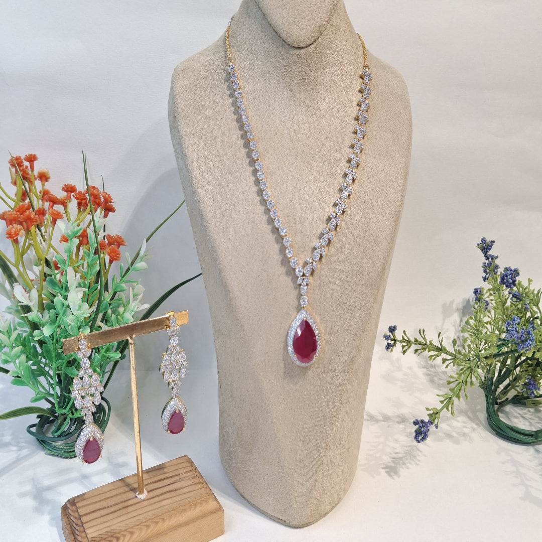 Crimson Bloom: Ruby Red Teardrop Pendant Set with Floral Diamond Detailing - SIA450100