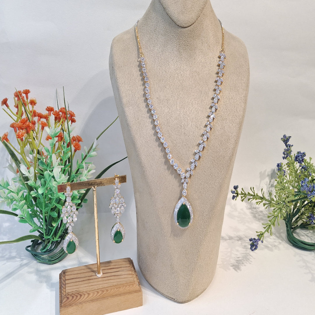 Emerald Grace: Green Teardrop Pendant Set with Floral CZ Accents - SIA450101
