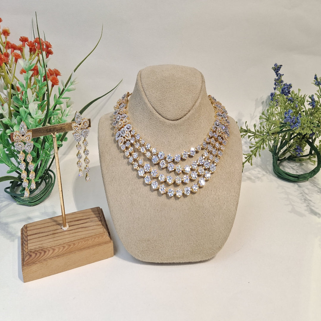 Golden Bloom: Three-Line Necklace with Floral CZ Detailing - SIA450136