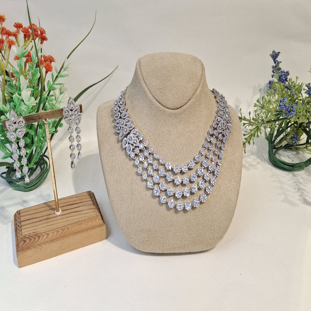 Diamond Frost: Silver-Toned Multi-Layer CZ Necklace Set with Floral Accents - SIA450137