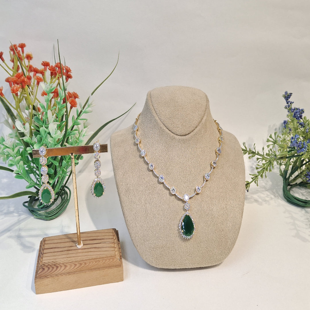 Emerald Green Teardrop Necklace & Earring Set with CZ Detailing - SIA450148