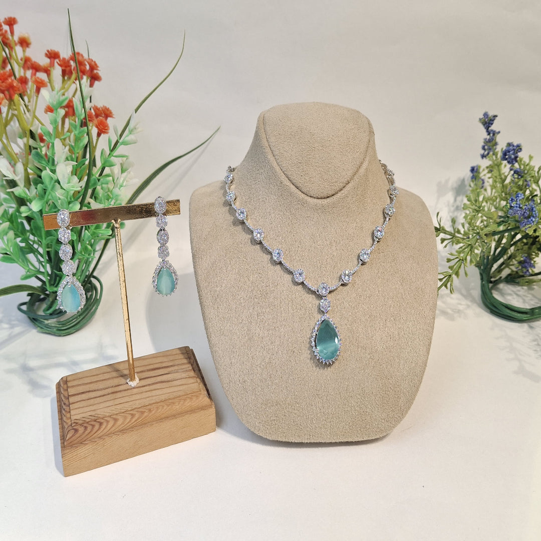 Aqua Elegance: Light Blue Teardrop Necklace Set with Solitaire Diamond Chain Design - SIA450150