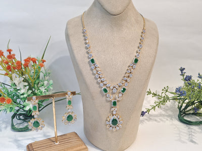 Emerald Bloom: Green Stone Necklace Set with Gold-Plated Double-Strand and Floral Diamond Teardrop Design - SIA450152