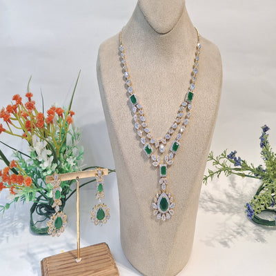 Emerald Bloom: Green Stone Necklace Set with Gold-Plated Double-Strand and Floral Diamond Teardrop Design - SIA450152