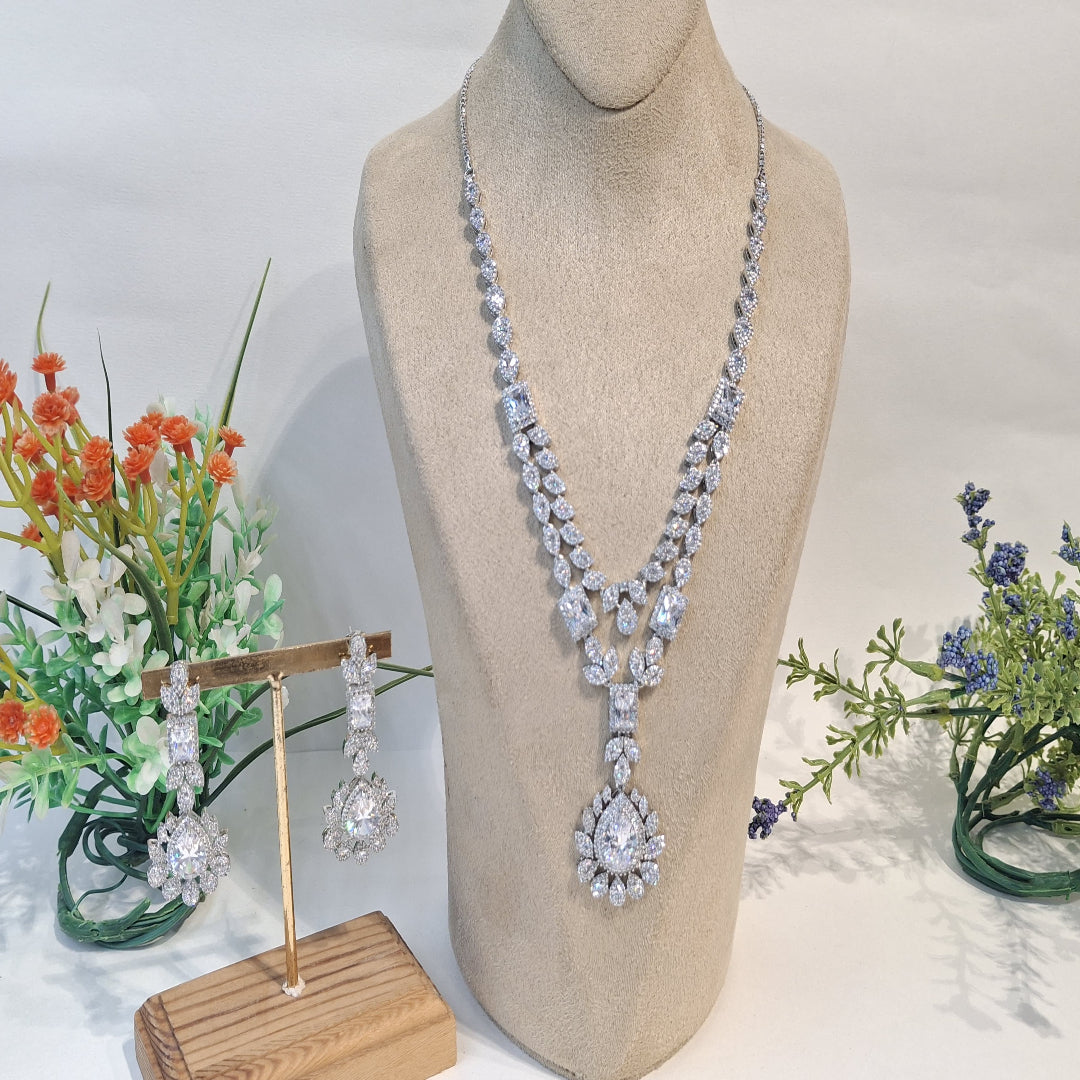 Crystal Grace: Sparkling White Diamond Necklace Set with Double-Layered Teardrop Pendant Design - SIA450153