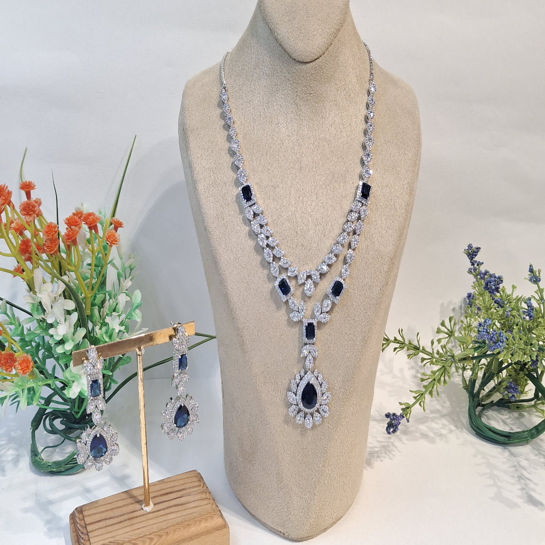 Sapphire Splendor: Midnight Blue Necklace Set with Double-Strand Diamond Leaf and Teardrop Design - SIA450155