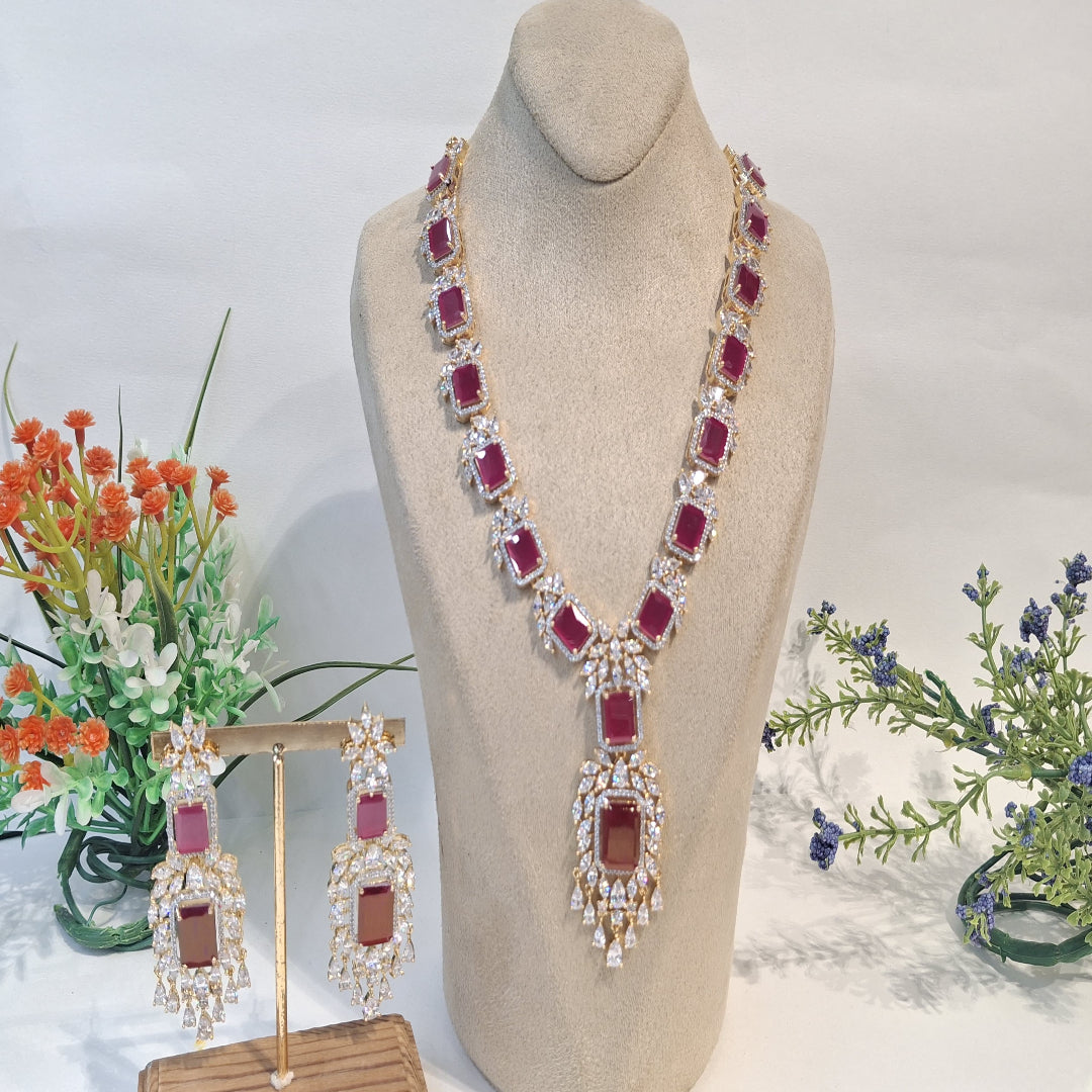 Crimson Majesty: Gold-Framed Ruby Red Necklace Set with Cascading Diamond Accents - SIA450161