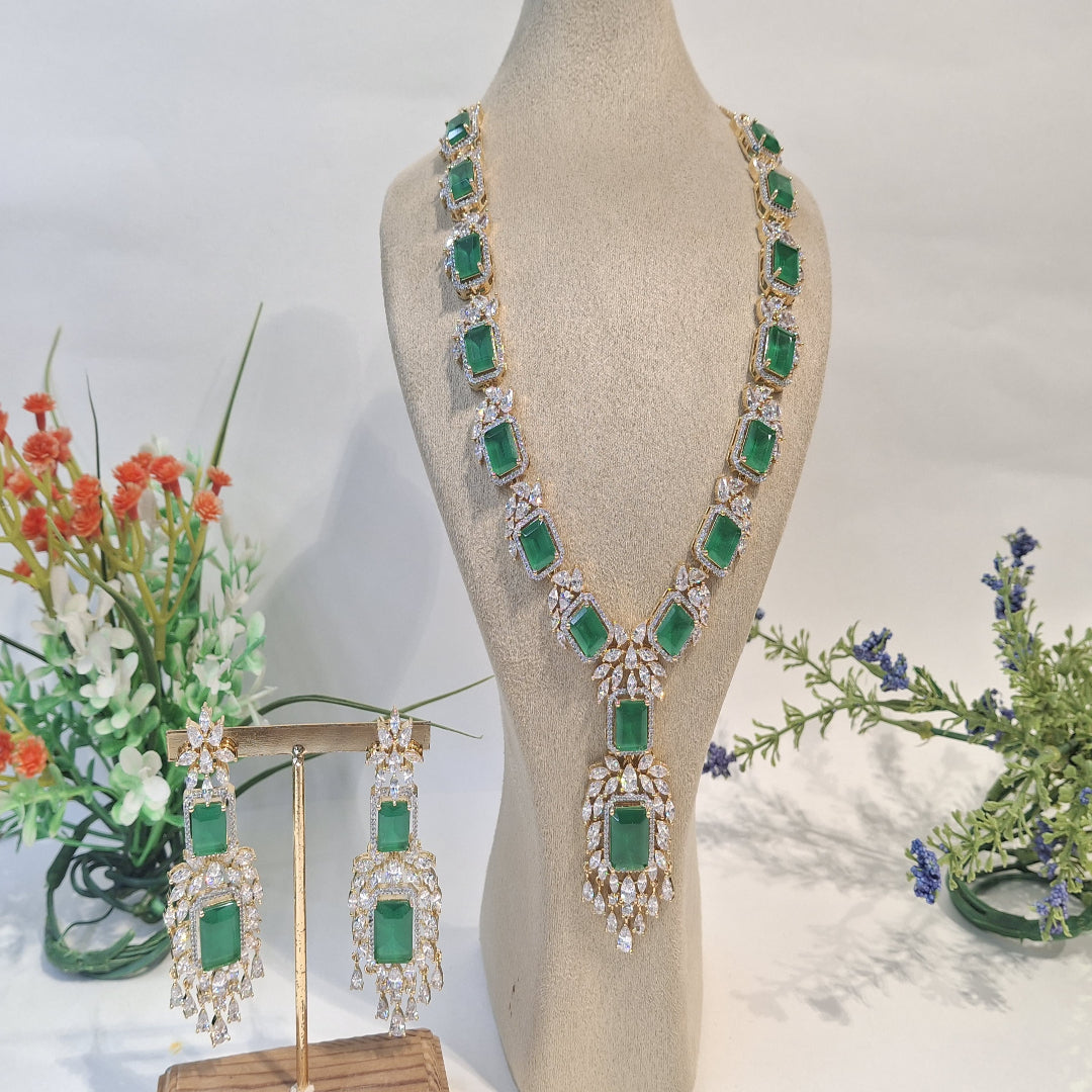 Royal Emerald Glow: Gold-Plated Green Necklace Set with Intricate Diamond Leaf Motifs - SIA450162