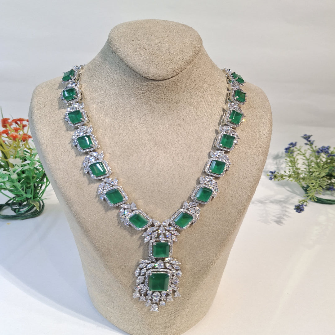 Emerald Elegance: Royal Green Necklace with Diamond-Encrusted Art Deco Design - SIA450164