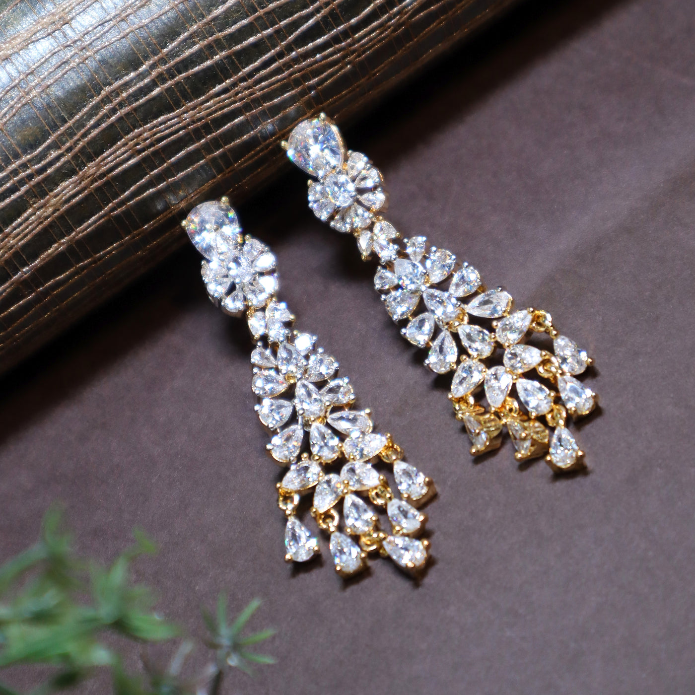 Gold tone CZ Floral Dangler Earrings - SIA450170