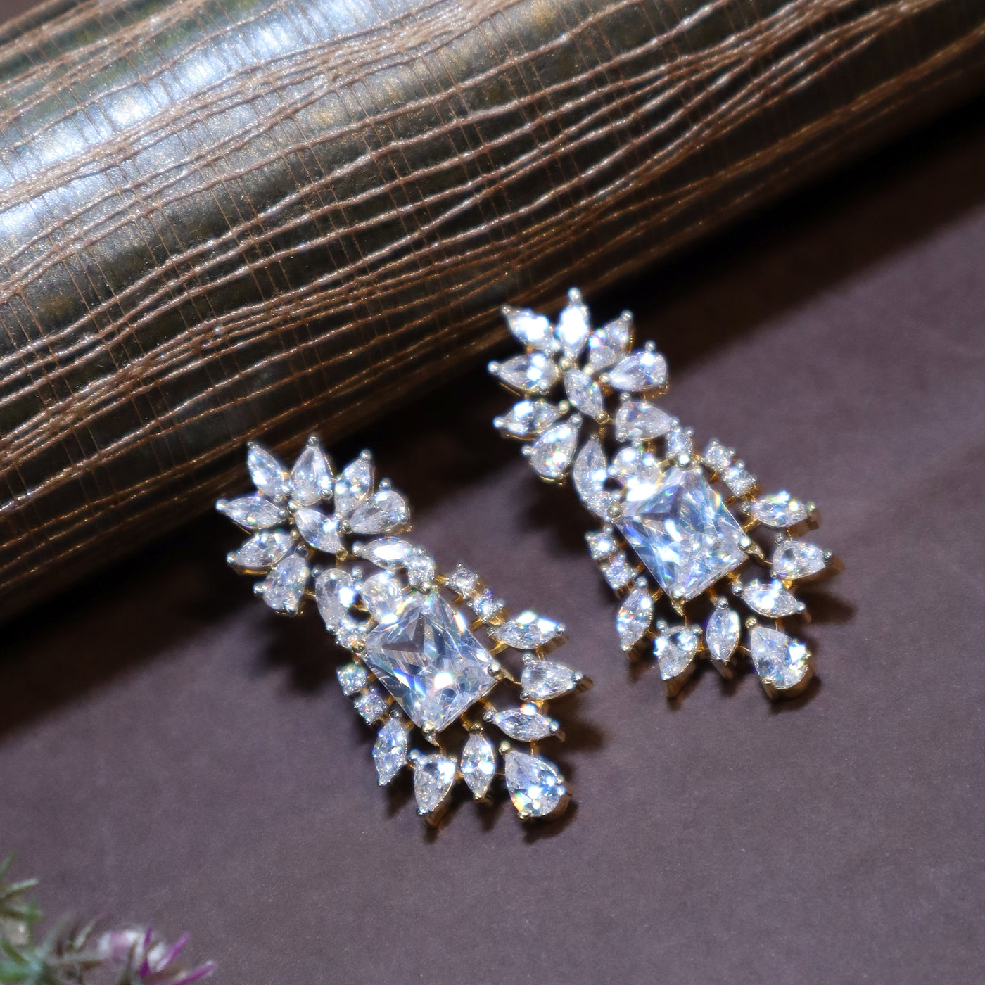 Gold Marquise & Rectangular CZ Earrings - SIA450174