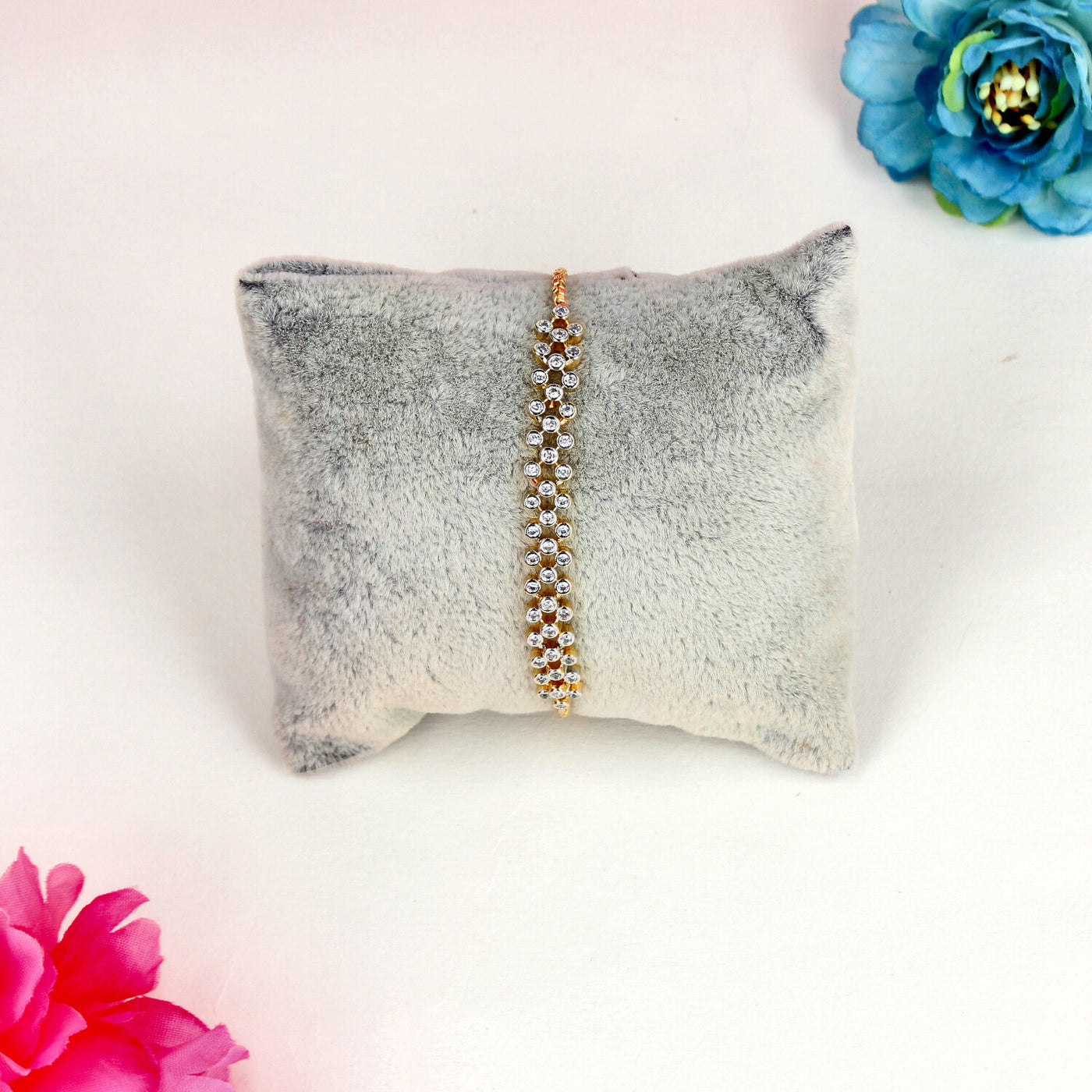 Gold-Plated Floral Motif Bracelet with Silver Round Stones - SIA450472