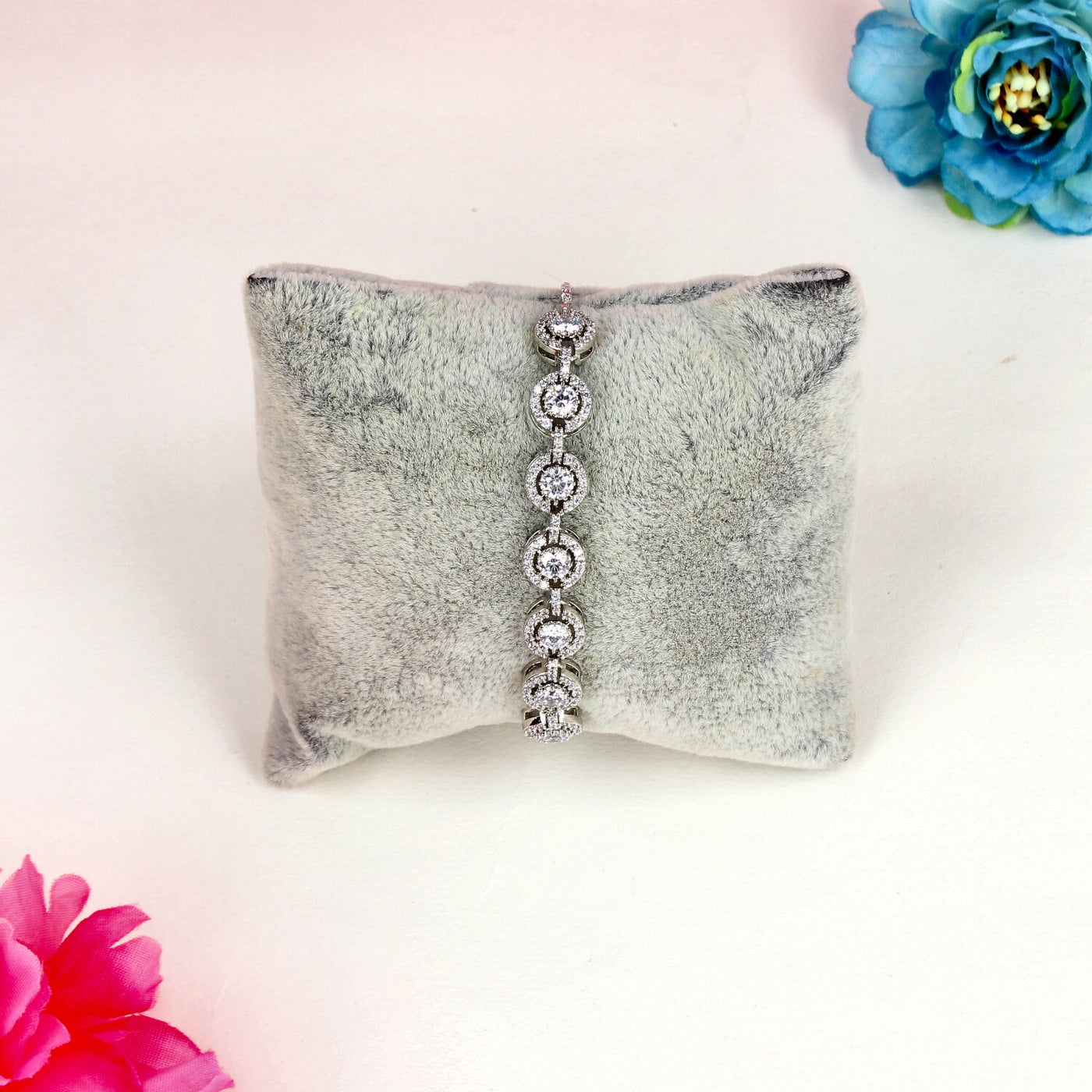 Silver Halo Link Bracelet with Round-Cut Stones - SIA450475