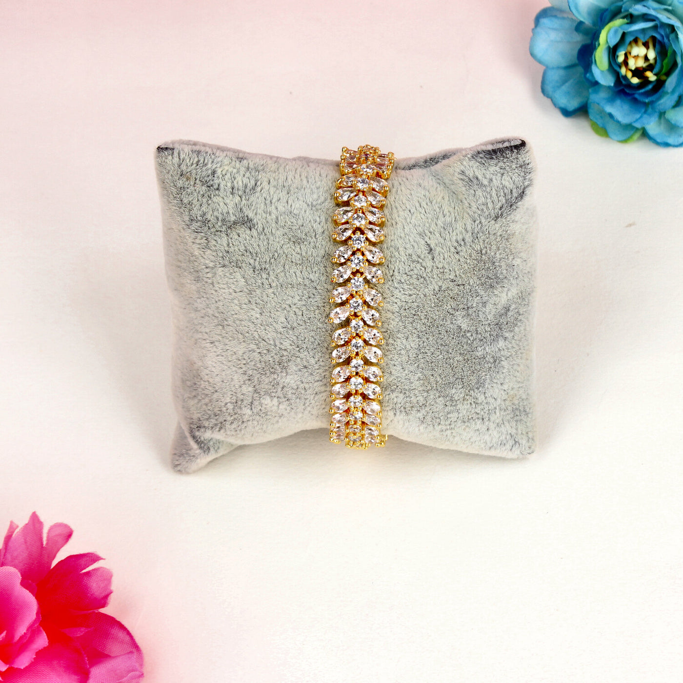 Gold V-Shape Leaf Design Bracelet with Marquise and Round-Cut Stones - SIA450480