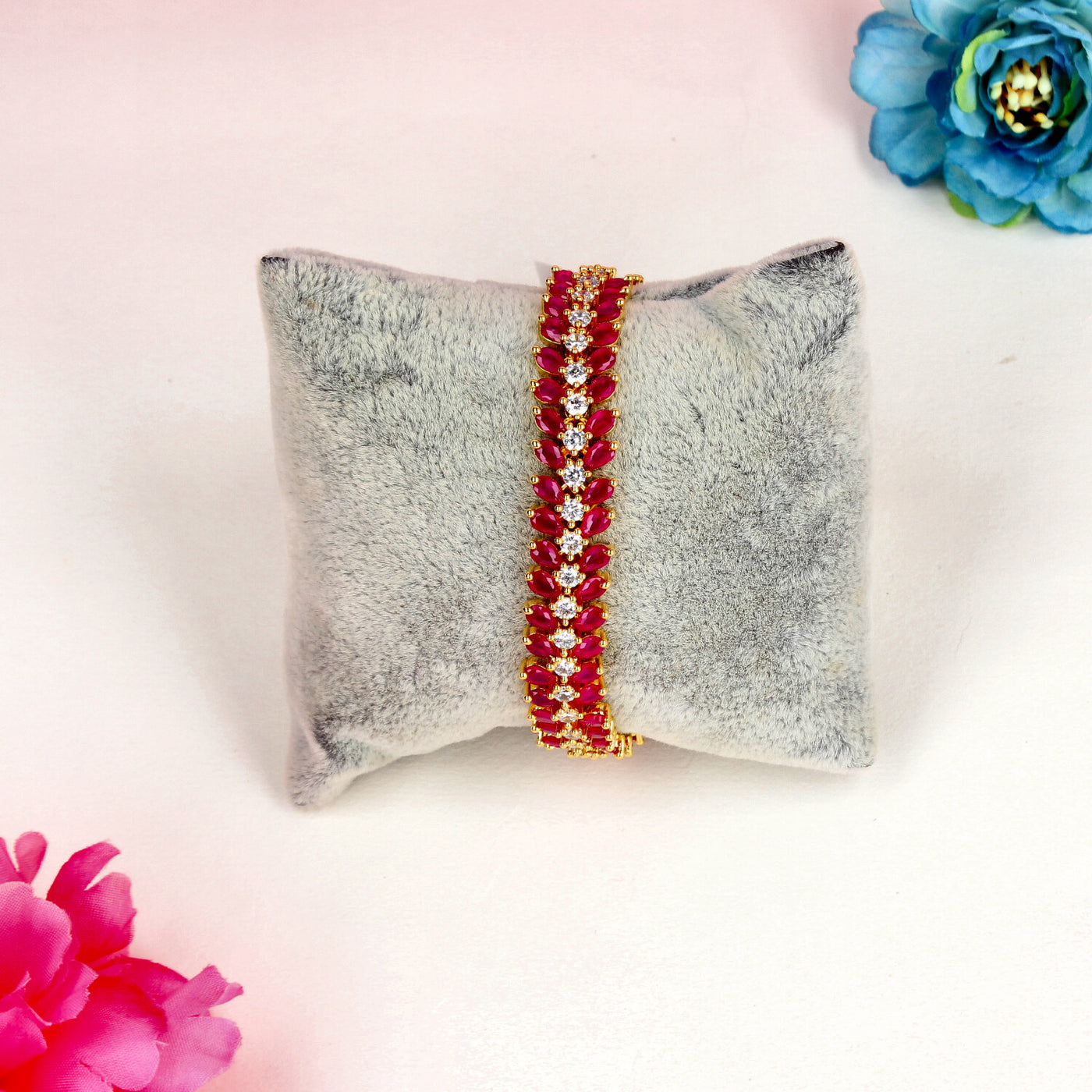 Gold Ruby Leaf V-Shape Bracelet with Marquise & Round CZ Stones - SIA450481