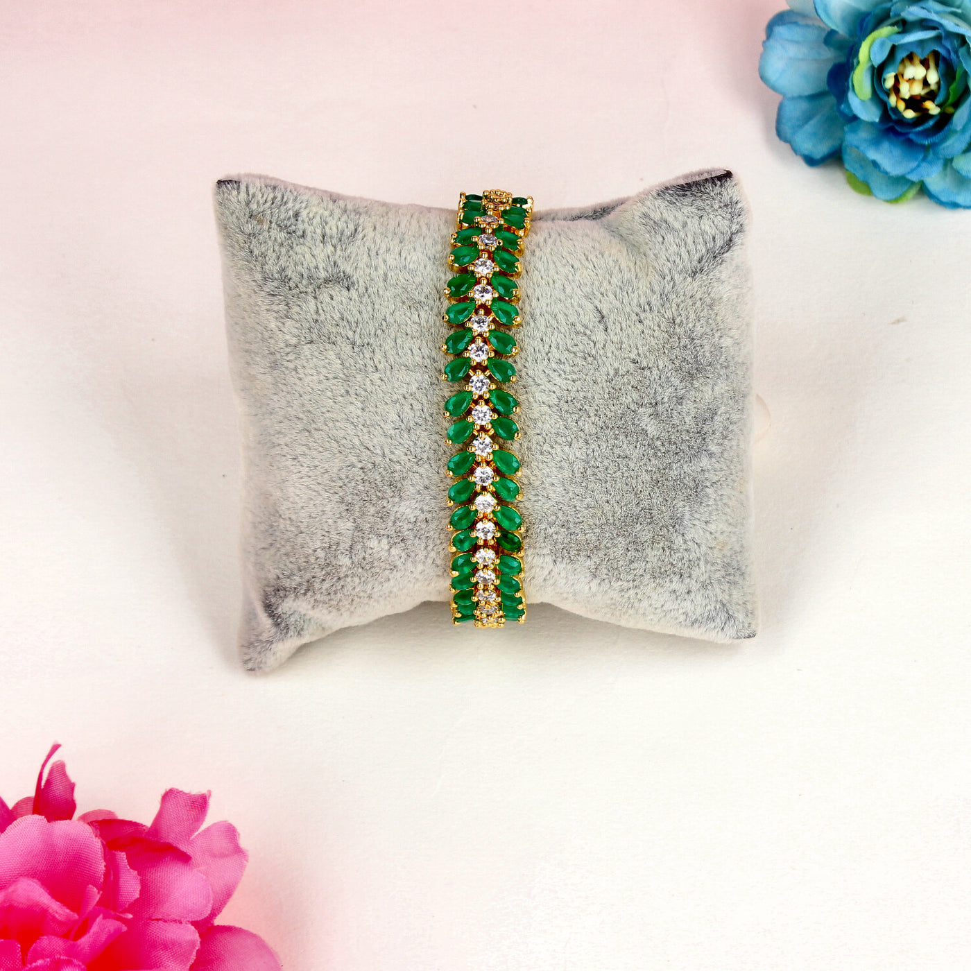 Elegant Green Marquise-Cut Leaf Design Bracelet with Gold Base and ClearCrystal Accents  - SIA450482
