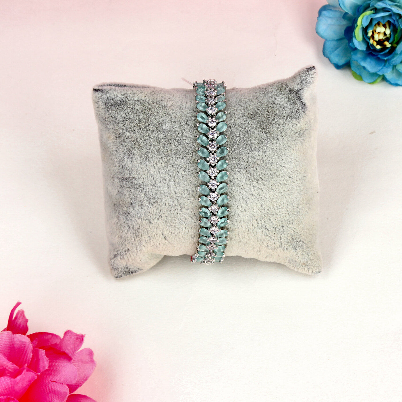 Elegant Aqua Leaf-Shaped Crystal Bracelet with Silver Accents - SIA450485