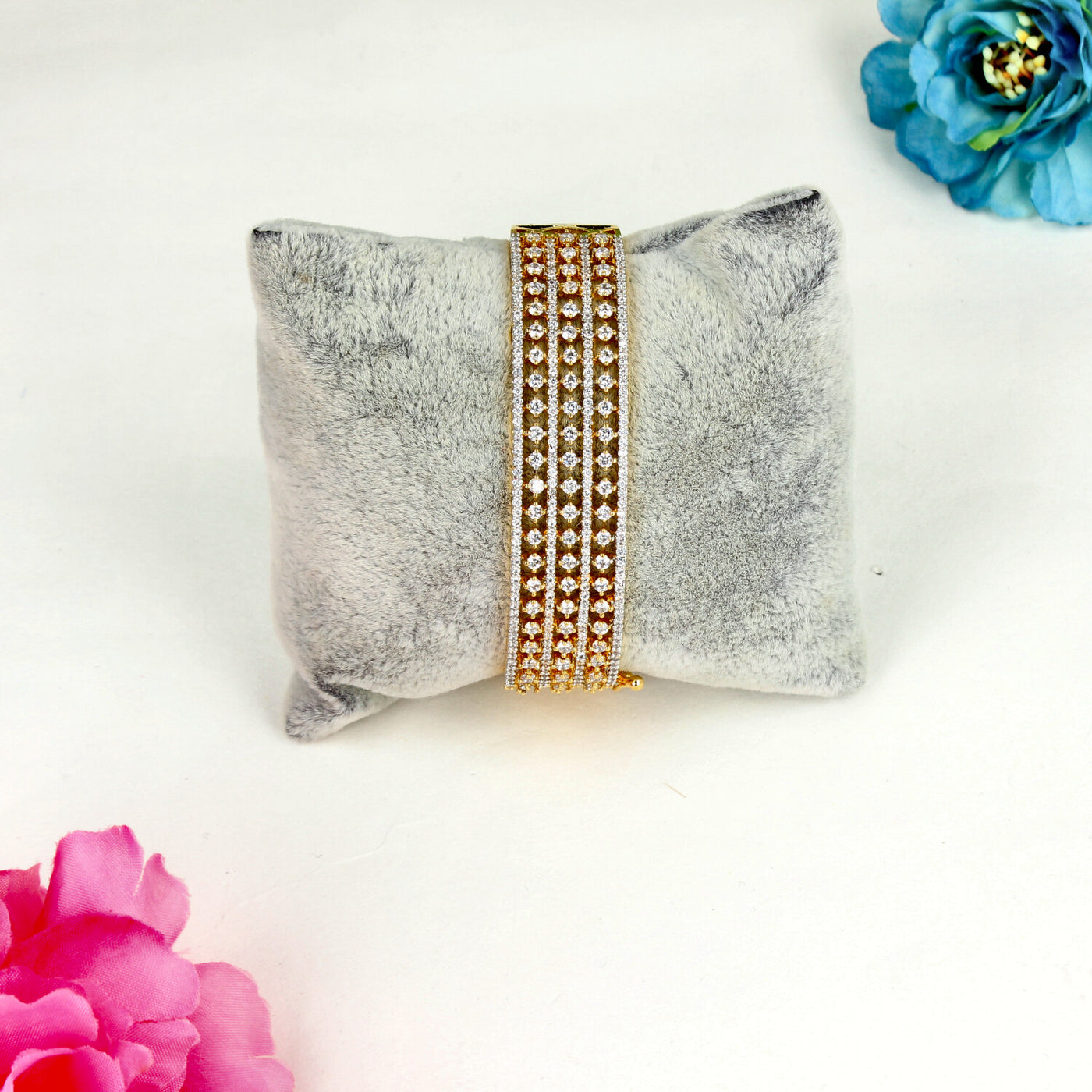 Golden Multi-Row Round Crystal Studded Bracelet with Rectangular Shape - SIA450533