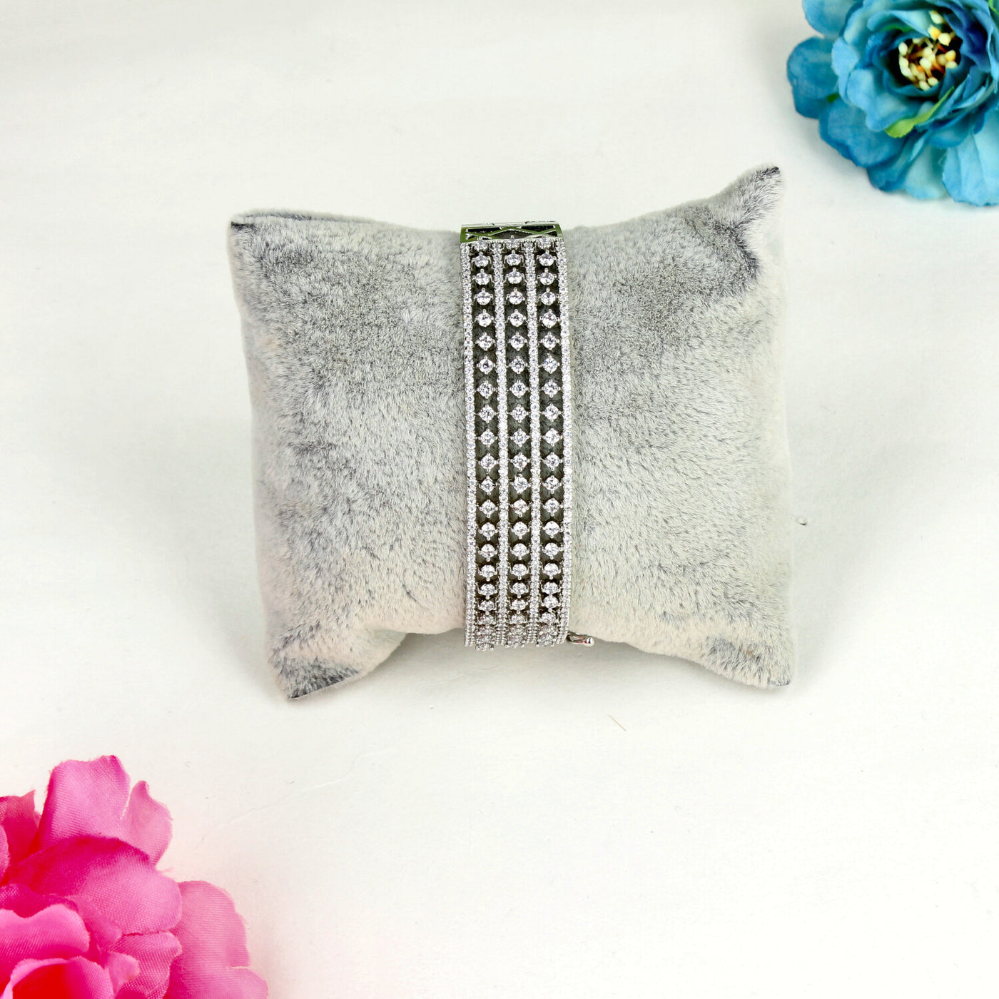 Triple-Row Silver Rectangular Crystal Bracelet with Elegant Sparkling Accents - SIA450534
