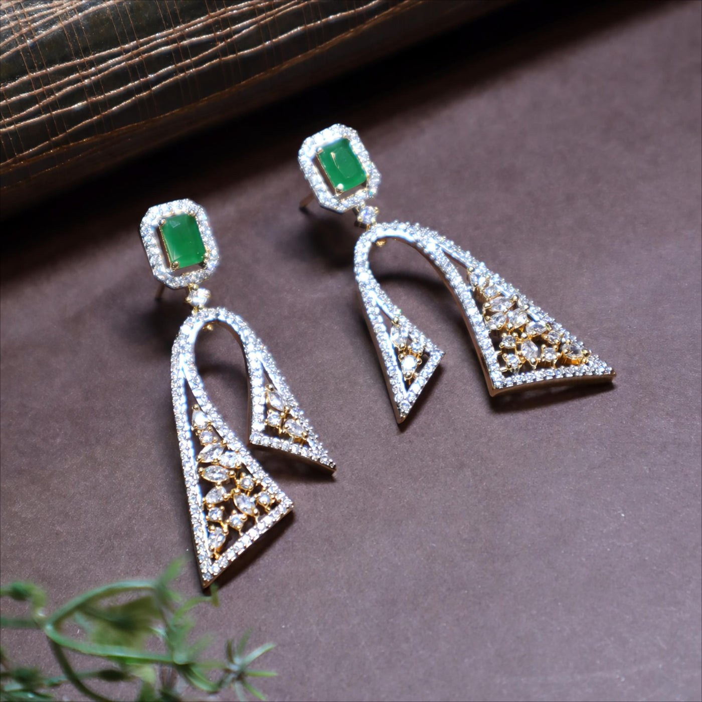 Green Stone & CZ Dangling Earrings - SIA450604