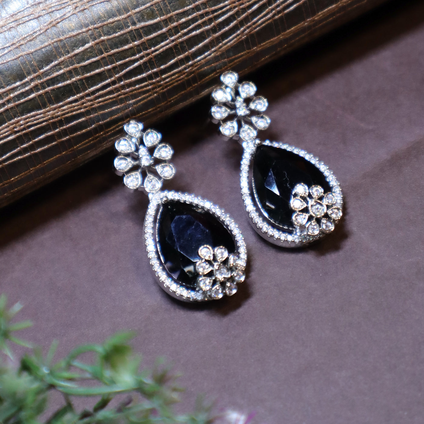 Black CZ Pear Drop Floral Cluster Earrings - SIA450609